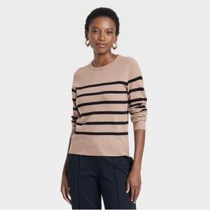A New Day: Crewneck Pullover Sweater (camel/black stripe), Size S (Women’s)